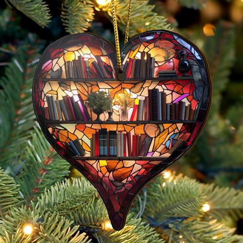 2D Flat All Over Printed, Book Ornaments, Bookshelf Christmas Ornaments, 2 Sides 3.5" Wood Ornament, Gift for Book Lover