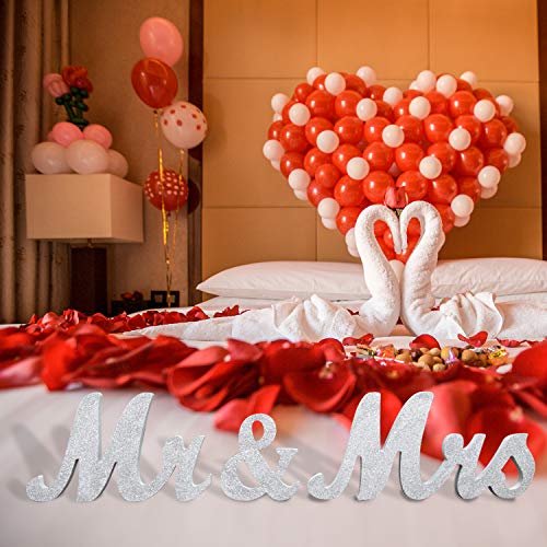 Wooden Mr and Mrs Sign, Rustic Mr. & Mrs. Letters Wedding Signs for Wedding Table, Miss Mr. Deroation for Photo Props/Party Table/Anniversary/Valentine's Day/Wedding & Engagement, Silver