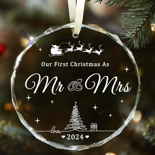 Wedding Gifts, Mr and Mrs Gifts, First Christmas Married Ornament 2024, Wedding Gift for Couple, Unique Crystal Bridal Shower Gift for Bride