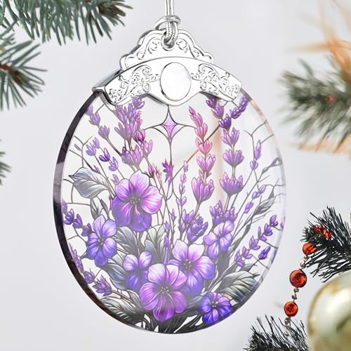 Touber Stained Glass Christmas Ornament, Purple Bauhinia & Violets, 3x3.5 Inch, Hanging, Christmas Tree Decoration