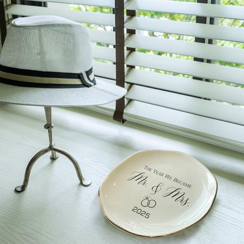 The Year We Became Mr & Mrs 2025 Ring Dish - Elegant Ceramic Ring Holder for Engagement, Wedding, and Bridal Shower Gifts - Honeymoon Keepsake for Friends, Newlyweds, and Bride-to-Be