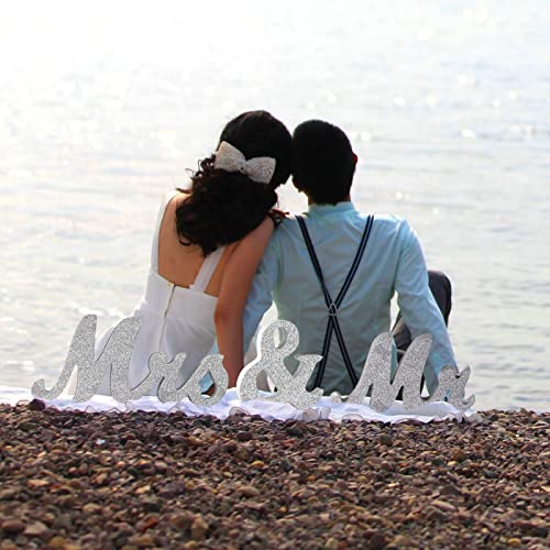 Mr & Mrs Sign & Just Married Banner - Large Sliver Wooden Sweetheart Table Decorations, Photo Props & Anniversary Party Head Table Decoration