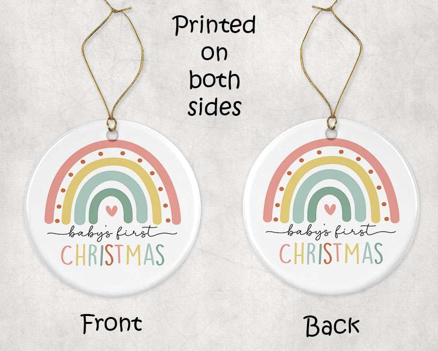Baby's First Christmas Ornament - Baby Keepsake - Rainbow Christmas Ornament - Boho Rainbow Christmas Ornament - Baby Girl Ornament Printed on Both Sides