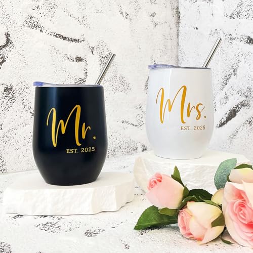 ELEGANTPARK Mr and Mrs Gifts Wedding Gifts for Couples 2025 Newlyweds Engagement Present for Bride and Groom Cups Stainless Steel Mr & Mrs Wine Tumbler with Lid and Straw 12 OZ