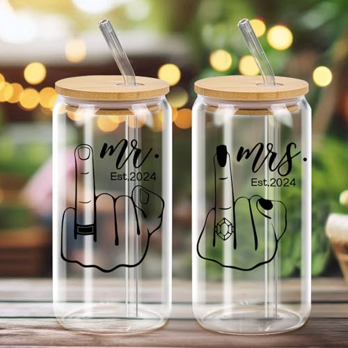 2pcs Mr & Mrs Gifts Glass Cup Set – 16oz Iced Coffee Cup - Beer Can Glass Cups with Lids and Straws - Drinking Glasses with Bamboo Lids and Glass Straws