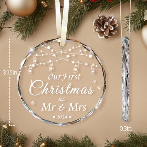 Wedding Gifts for Couple, Mr and Mrs Gifts, First Christmas Married Ornament 2024, Unique Crystal Bridal Shower Gift for Bride