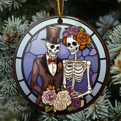 2D Flat All Over Printed, Couple Skeleton Ornaments, Gothic Romantic Ornaments, 2 Sides 3.5" Wood Ornament, Halloween Christmas Decor (Ephg-52602005)