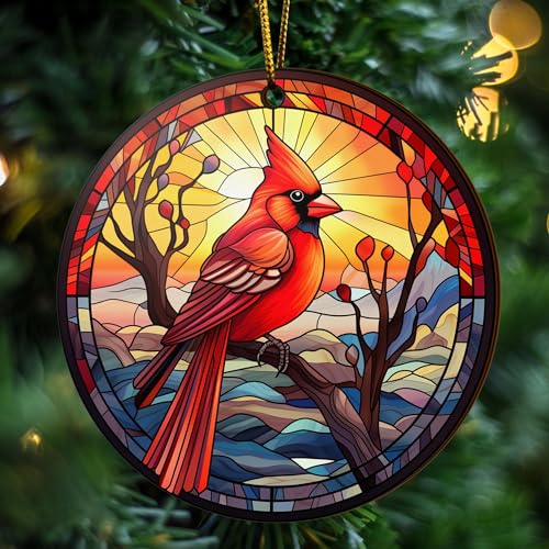 2D Flat All Over Printed, Cardinal Bird Ornaments, Red Cardinal Ornaments, Christmas Memorial Ornaments, 2 Sides 3.5" Wood Ornament, for Sympathy (EPHG-52603005)