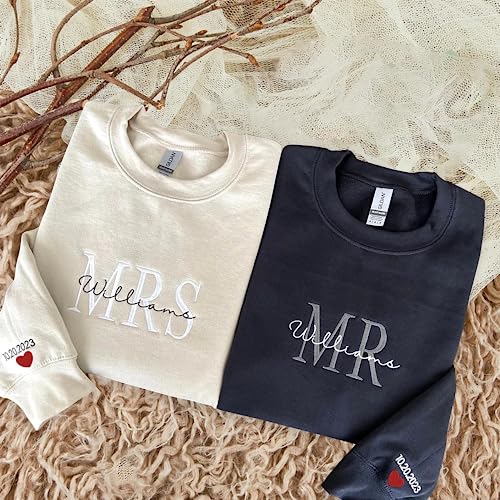 Custom Embroidered Mr & Mrs Sweatshirt & Hoodie, Personalized Couple Names, Custom Anniversary Date On Sleeve With Heart, Gifts For Wife, Husband, Gift For Anniversary, Couple Gifts