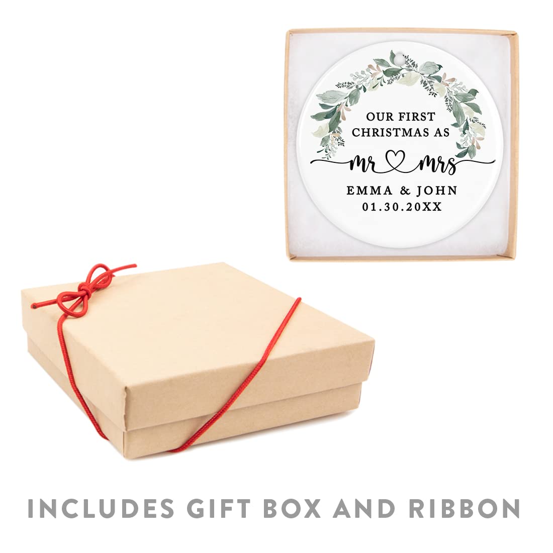 Andaz Press Personalized Our First Christmas As Mr. & Mrs. 2025 Christmas Ornaments Foliage Wreath 2.8" Round Porcelain Ceramic 1st Year Married Custom Ornament Keepsake for Newlyweds 1-Pack