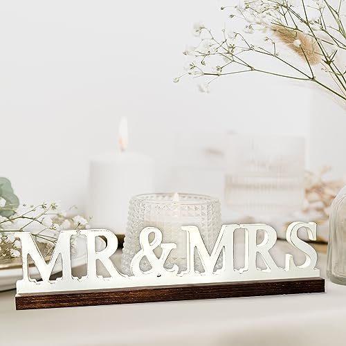 Vintage Mr and Mrs Sign for Wedding Table 16 inches, Distressed White Wedding Shower Decorations for Home Party, Rustic Mr & Mrs Centerpiece Table Signs for Anniversary Reception Ceremony
