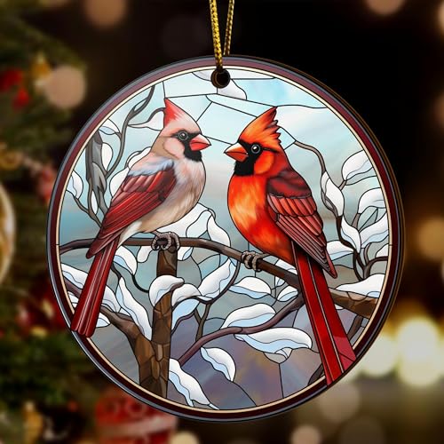 2D Flat All Over Printed, Cardinal Bird Ornaments, Red Cardinal Ornaments, Christmas Memorial Ornaments, 2 Sides 3.5" Wood Ornament, for Sympathy (Ephg-52603020)