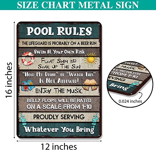 All Over Printed, Pool Rules Metal Sign 12x16 Inches, Funny Pool Decorations, Poolside Outdoor Metal Sign