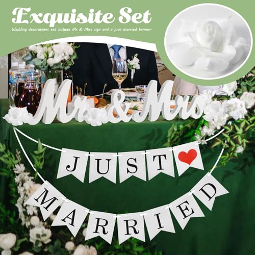 White Wooden Mr and Mrs Signs for Wedding Table, Wooden Wedding Table Signs for Ceremony and Reception - Centerpiece Decorations with Just Married Banner Gifts