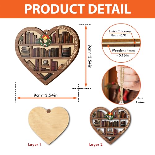 All Over Printed Book Lovers Ornament, Bookshelf Heart Christmas Ornament, 3.2"x3.5" 2 Layer, Gift for Girl Book Lovers, Gift Idea for Christmas
