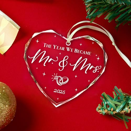 Wedding Gifts, Mr & Mrs Ornament 2025, Bridal Shower Gifts, Just Married Gift for Newlywed Couple, Bride, Crystal Glass Ornament