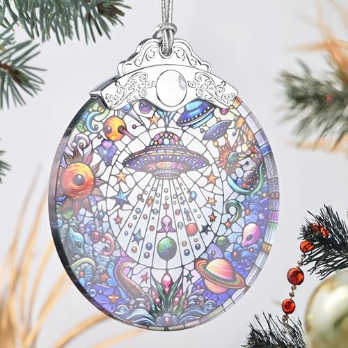UFO Alien Stained Glass Ornament, Christmas Ornaments, Christmas Tree Decorations, UFO Alien Christmas Decor, UFO Alien Ornaments for Christmas Tree, Holiday Presents, Gift Exchange Ideas