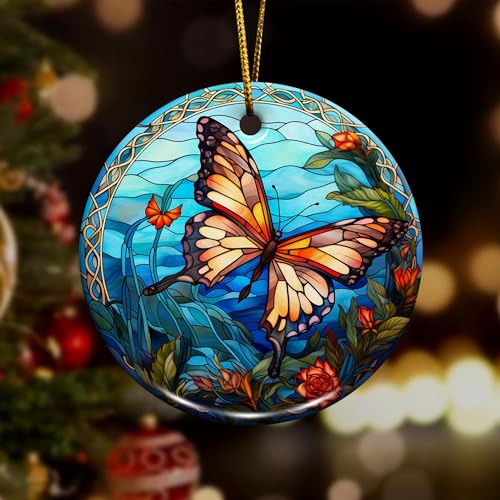 2D Flat All Over Printed, Butterfly Ornaments, Buttefly Ceramic Ornaments, Butterfly Christmas Ornaments, 2 Sides 2.9" Ceramic Ornaments, Butterfly Christmas Decor (EPHG-52541002)