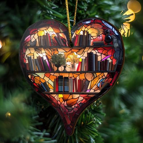 2D Flat All Over Printed, Book Ornaments, Bookshelf Christmas Ornaments, 2 Sides 3.5" Wood Ornament, Gift for Book Lover