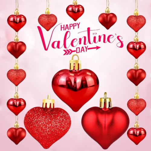 12 Pcs Heart Ornaments for Christmas Tree, 3 Styles Small Red Christmas Ornaments, Valentine Ornaments for Small Tree, Shatterproof Plastic Christmas Ornaments Set