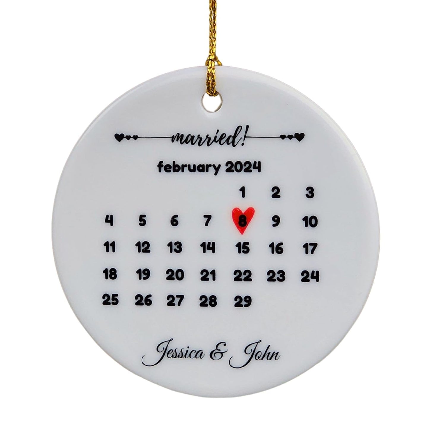 Generic Personalized Wedding & Anniversary Ornament Keepsake for Married Couples, White, ORNCB-RND-calmarried-1