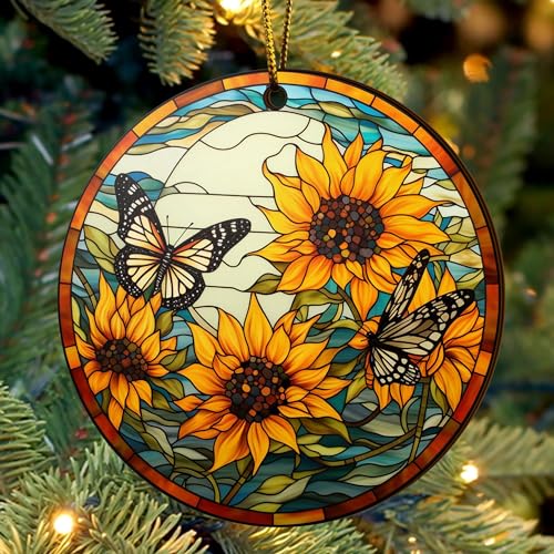 2D Flat All Over Printed, Sunflower Ornaments, Christmas Sunflower Ornaments, 2 Sides 3.5" Wood Ornament, Gift for Sunflower Lover, Christmas Decorations (ORNMWOOD2-EPHG-52399006)