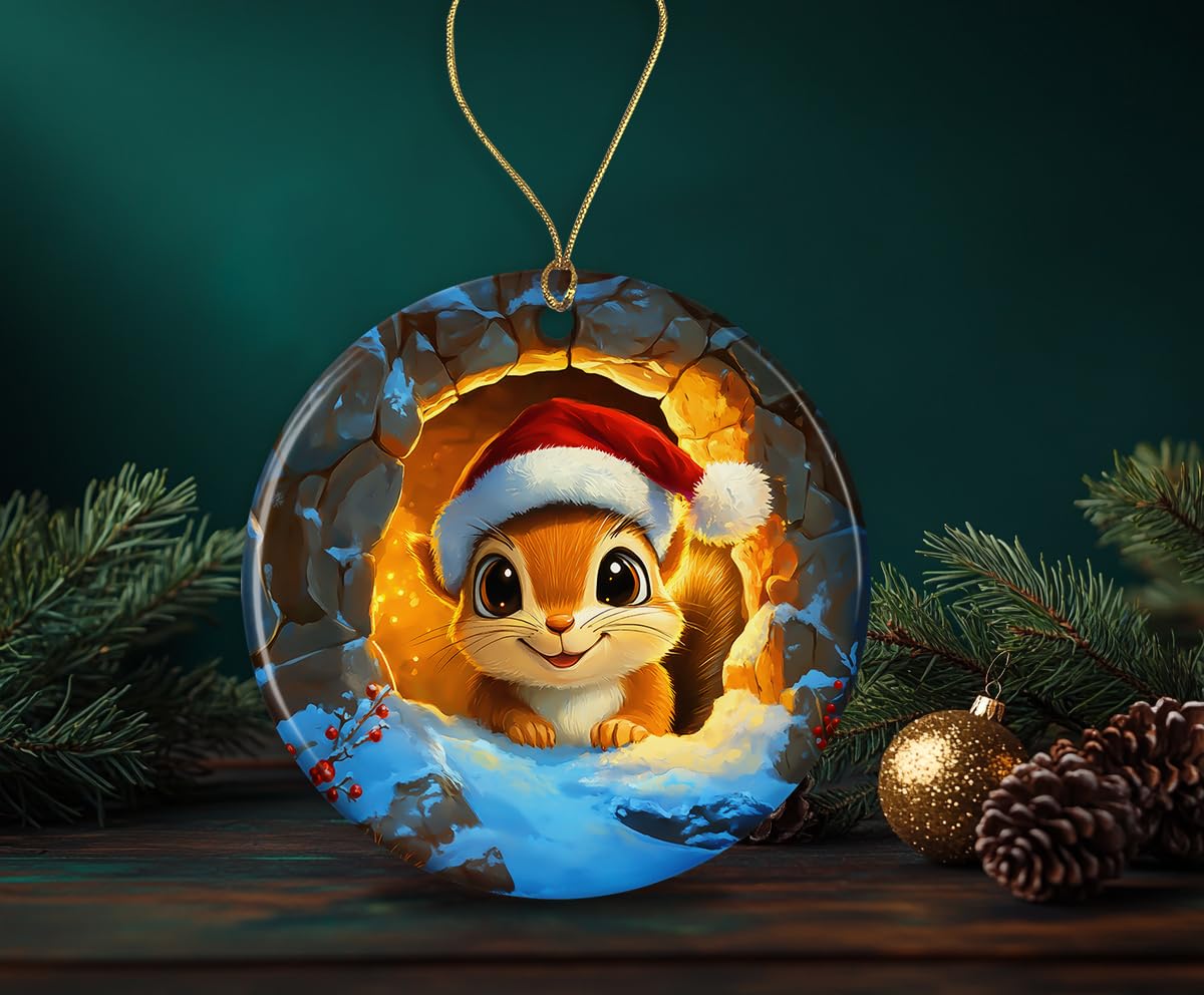 Cute Squirrel Ornament - Squirrel Ceramic Ornament - Squirrel Christmas Holiday Ornament - Xmas Haning Round Ornament - Merry Ornament Printed on Both Sides