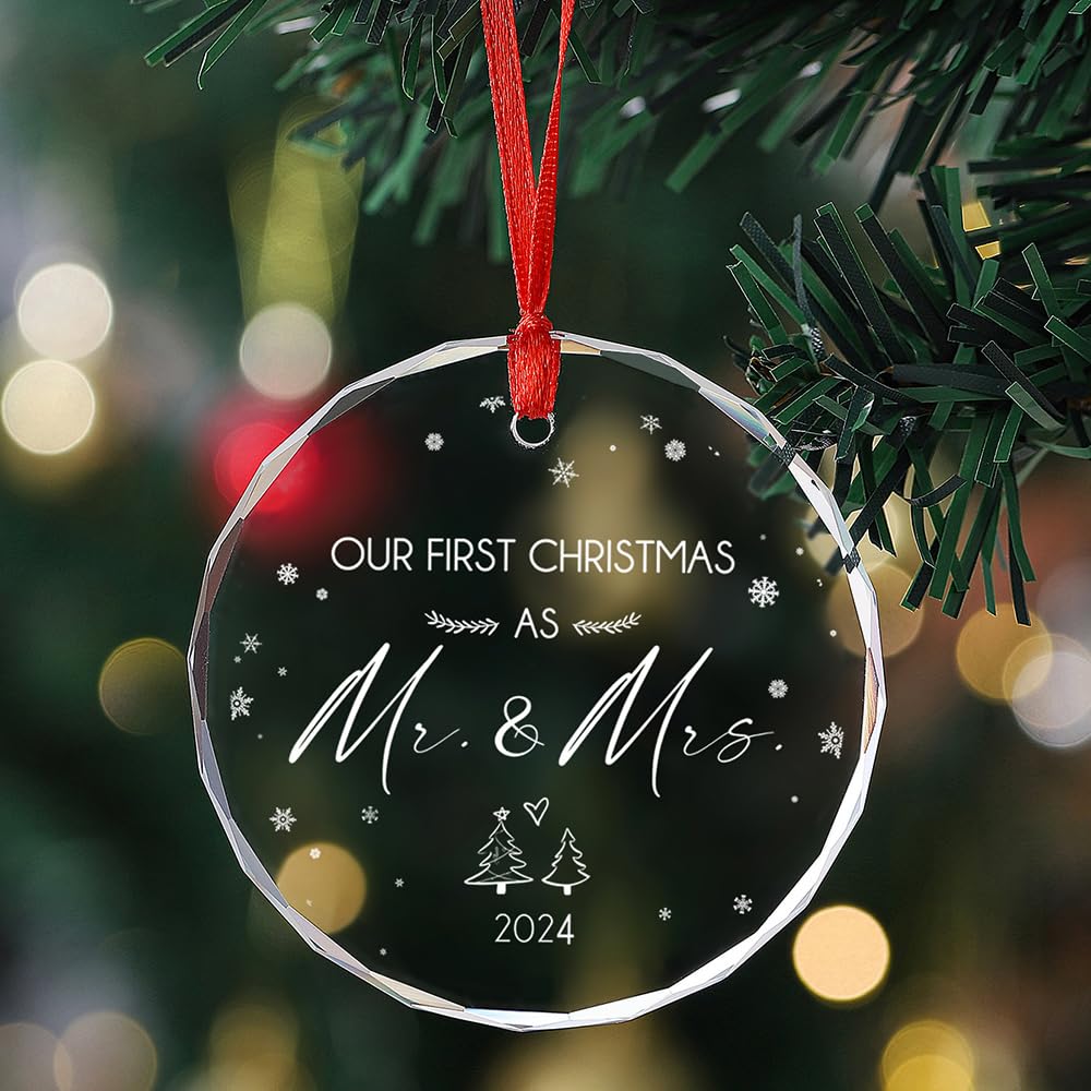 Tesuivra Our First Christmas Ornament,Our First Christmas as Mr. and Mrs. 2024,Wedding for Couple,Just Married Ornament,Mr and Mrs Gifts-Christmas Tree Decoration Glass Ornament Xmas Gift 03