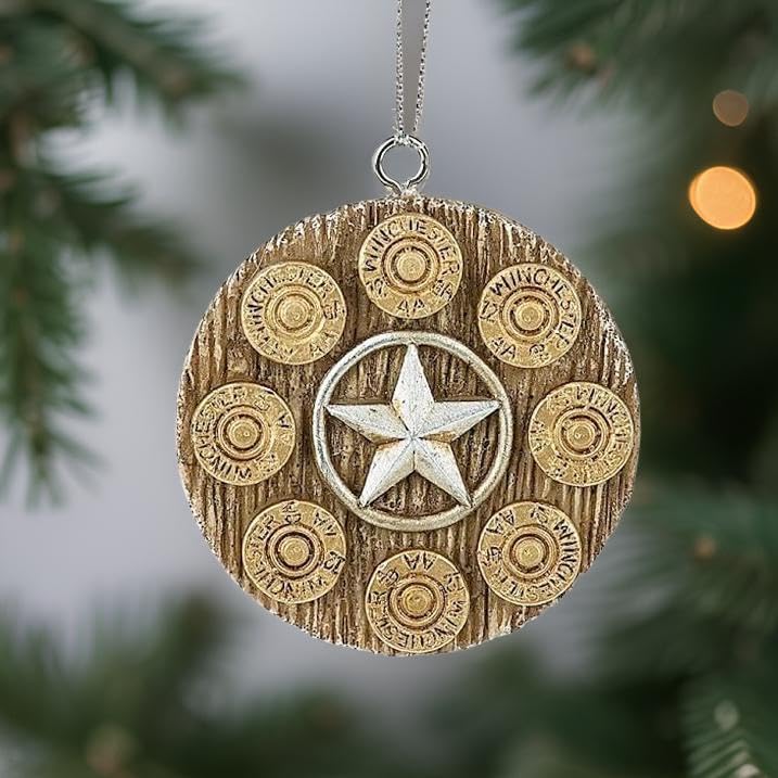 The Bridge Collection Western Shotgun Shell Ornament - Ring of Bullets Ornament for Holiday Decor - Wild West Cowboy Christmas Ornament - Western Star Ornament