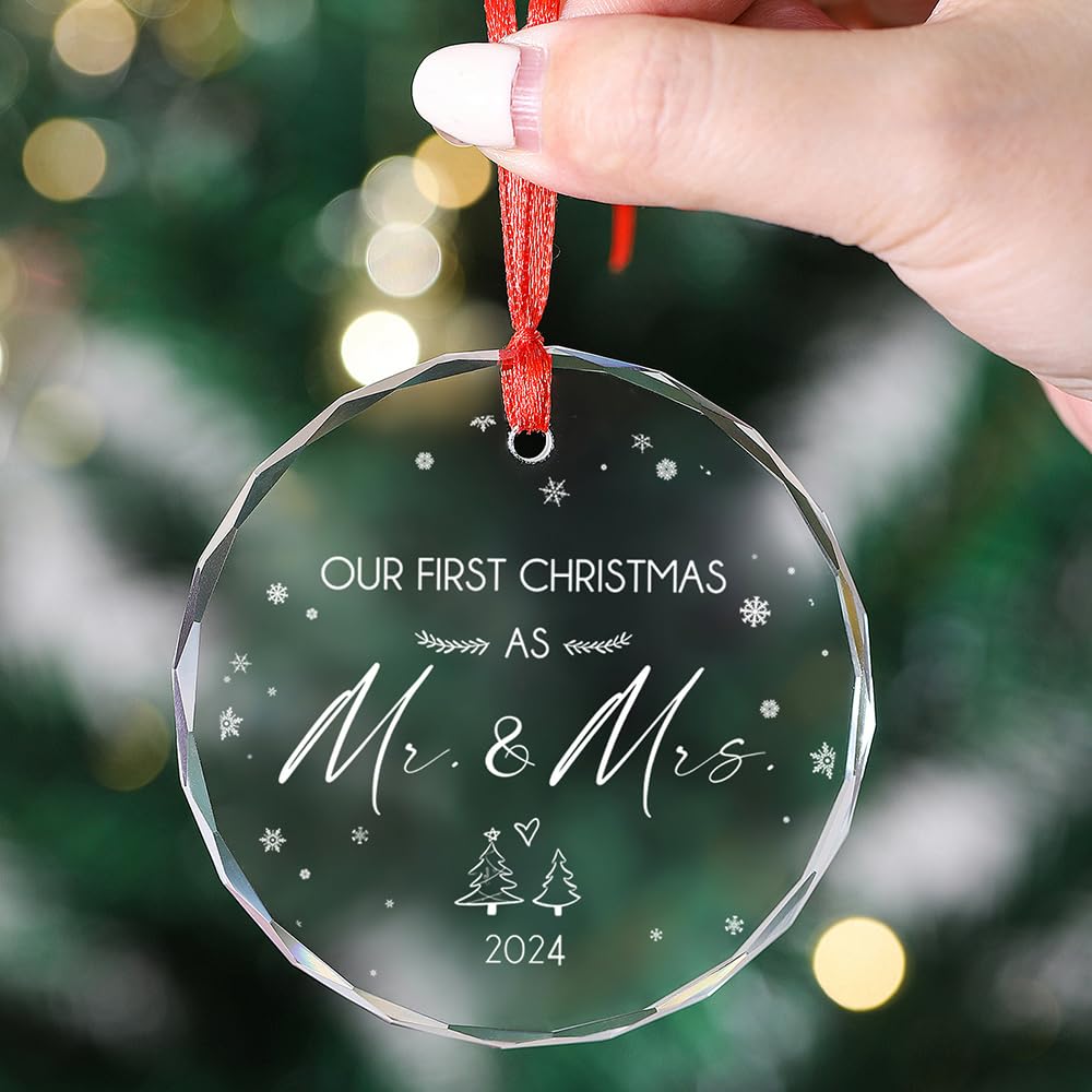 Tesuivra Our First Christmas Ornament,Our First Christmas as Mr. and Mrs. 2024,Wedding for Couple,Just Married Ornament,Mr and Mrs Gifts-Christmas Tree Decoration Glass Ornament Xmas Gift 03