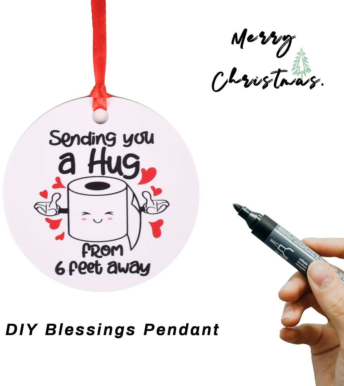 2 Piece 2020 Christmas Ornament, Commemorative Ornament, Pandemic Ornament, Quarantine Ornament, Ceramic Round Ornament & Ribbon for Xmas Tree Ornament Hanging Accessories(Pattern 6)