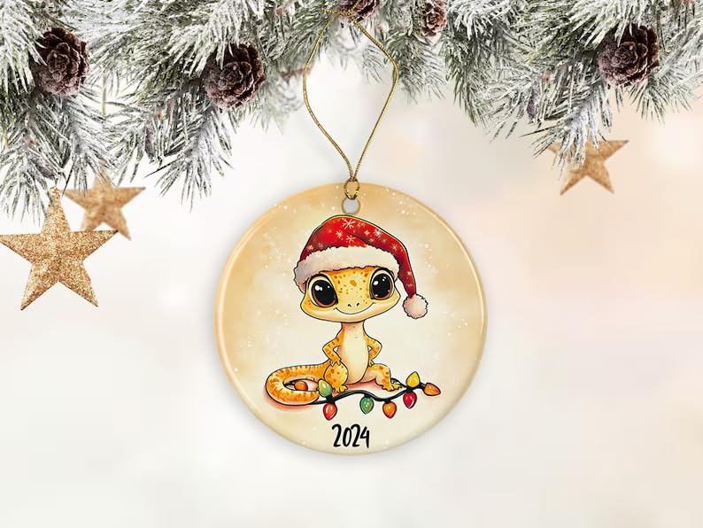 Gecko 2024 Christmas Ornament - Lizard Bearded Dragon Pet Beardie Ornament for Kids - Xmas Ornament - Merry Beardmas - Cute Ornament Printed on One Side