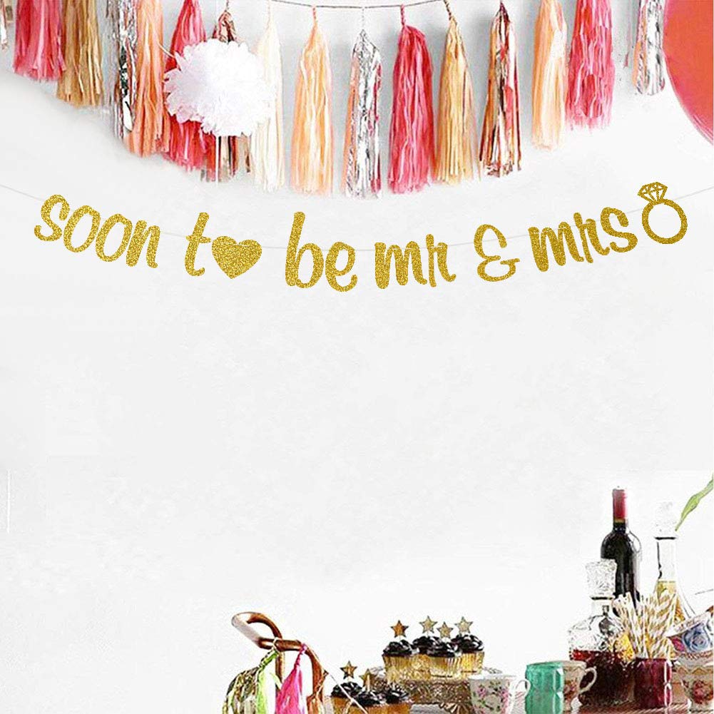 Soon To Be Mr & Mrs Banner - Engagement Bridal Shower Bachelorette Bachelor Wedding Party Decorations Sign Gold Glitter