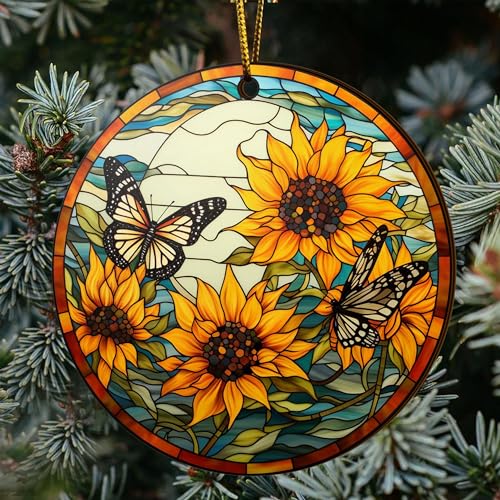 2D Flat All Over Printed, Sunflower Ornaments, Christmas Sunflower Ornaments, 2 Sides 3.5" Wood Ornament, Gift for Sunflower Lover, Christmas Decorations (ORNMWOOD2-EPHG-52399006)