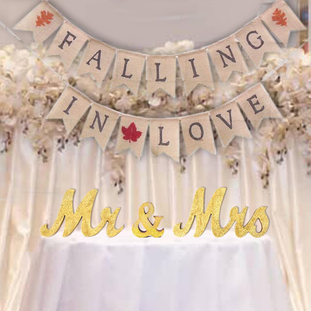 Mr and Mrs Tabletop Wedding Decoration - Wooden Freestanding Letters for Photo Props - Golden Glitter Decor Gift for Bridal Shower Anniversary Party