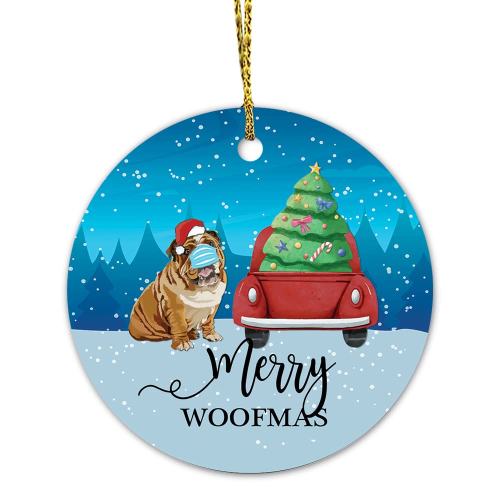 Merry Woofmas Dog Ornament 3 Inch Bulldog Christmas Ornament, Family Hanging Tree Ornament, Keepsake Ornament Christmas Decorations, Ceramic Xmas Ornament