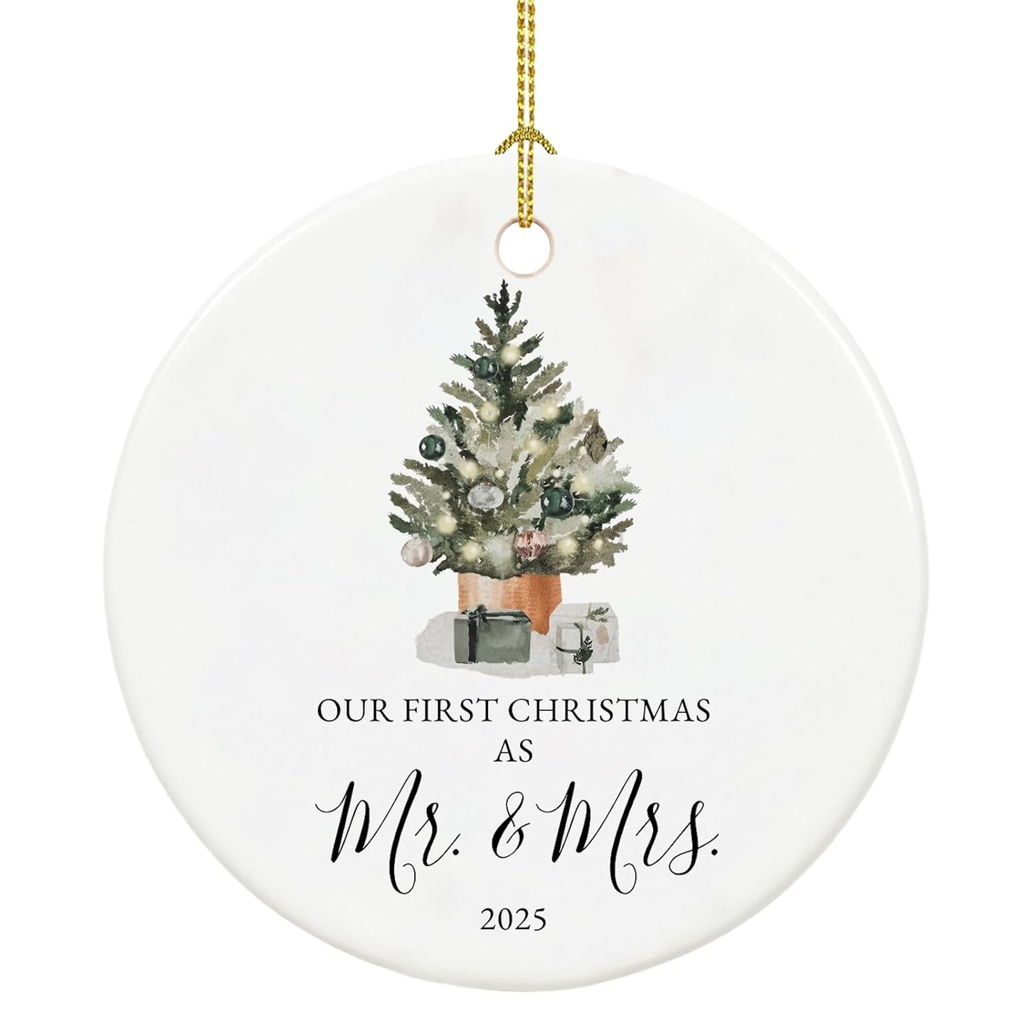 Our First Christmas Married Ornament 2025, Just Married Gifts for Couple, Mr and Mrs, Ceramic Keepsake with Ribbon and Gift Box