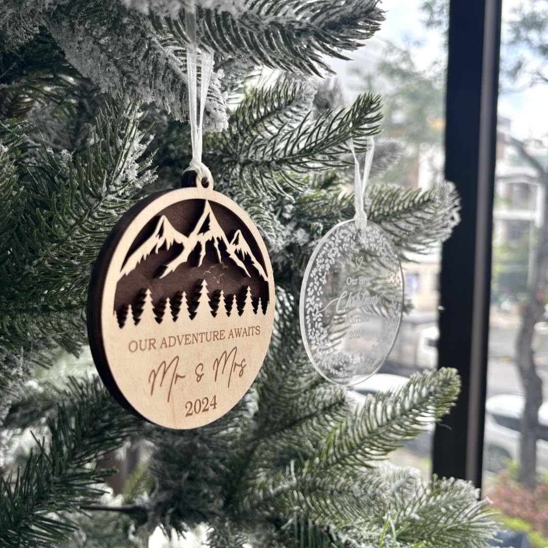 Pack of 2 Our First Christmas Married 2024, Adventure Awaits Mr Mrs Ornament, 1st Just Married Newlywed, Wedding Gifts for Couples Bridal Shower, Christmas Tree Hanging Decorations