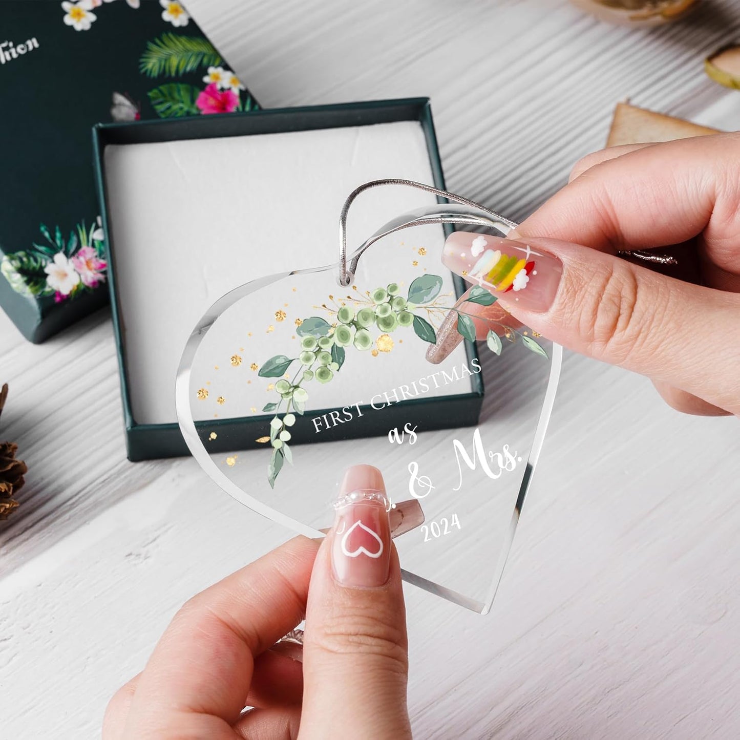 Wedding Gifts for Couple Christmas Ornaments Tree Hanging Decoration Newlywed Married Christmas 2023 Our First Christmas as Mr. and Mrs. Ornament (Glass Green Leaves)