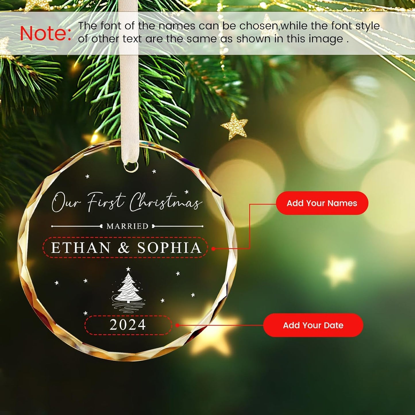 Personalized First Christmas Married Ornament 2024, 1st Year Wedding Ornament for Newlywed, Our First Engaged Christmas Ornament, Glass Hanging Decoration for Couples Just Married with Gift Box