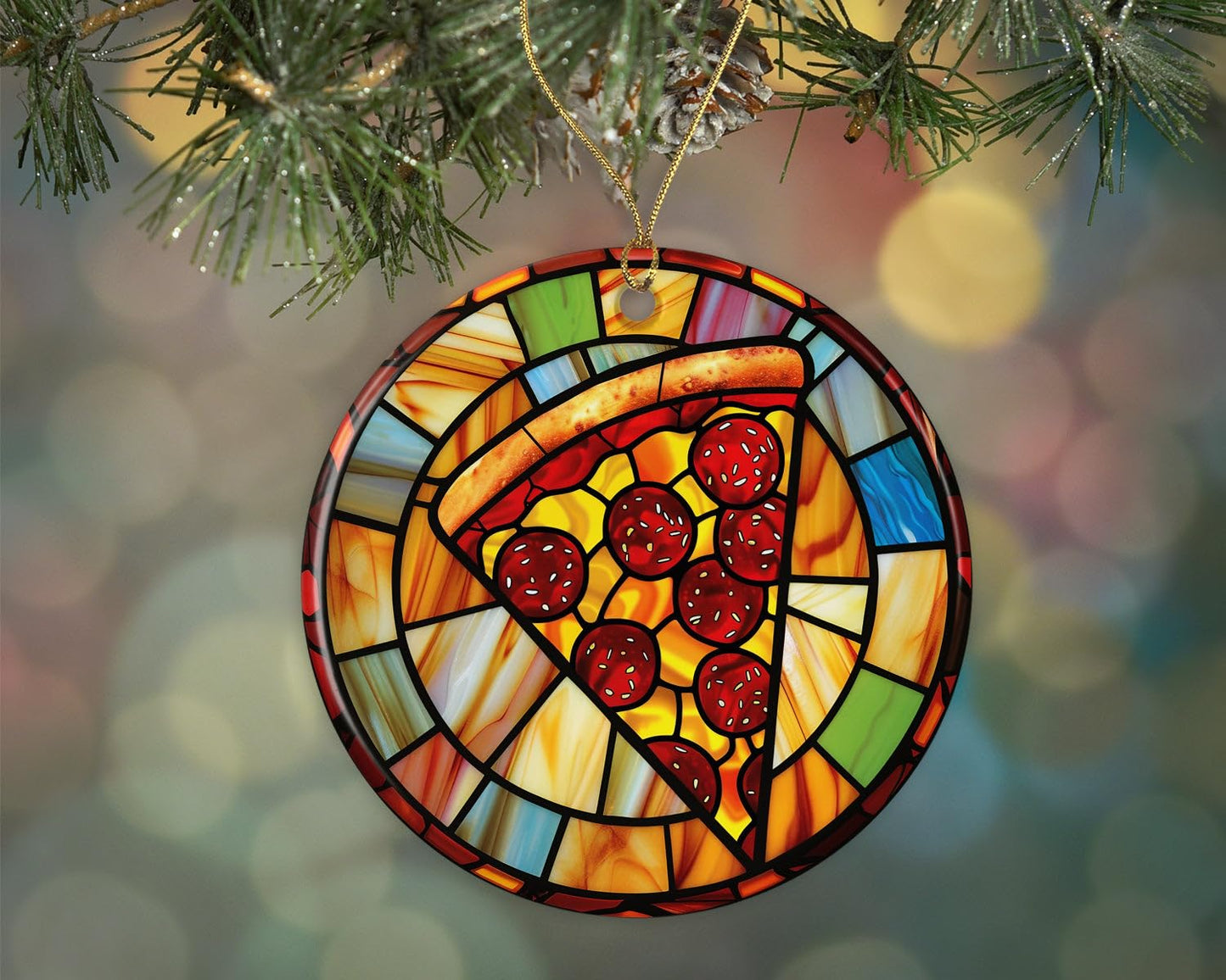 Pizza Stained Glass Ornament Ceramic, Ornament for Pizza Lovers, Funny Foodie Gift, Junk Food Christmas Ornament, Stained Glass Ornament, Merry Christmas Ornament Printed on One Side
