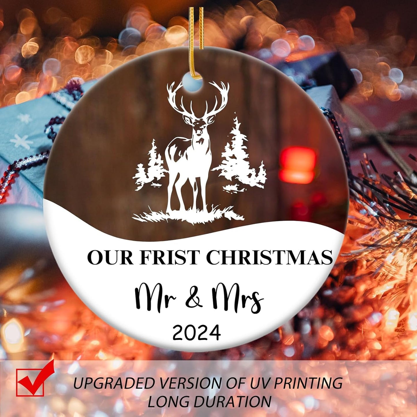 Our First Christmas Married Ornament 2024, Just Married Christmas Ornament as Mr and Mrs, First Year Newlywed 2.9 Ceramic Round Ornament Gift for Wedding Xmas Decoration