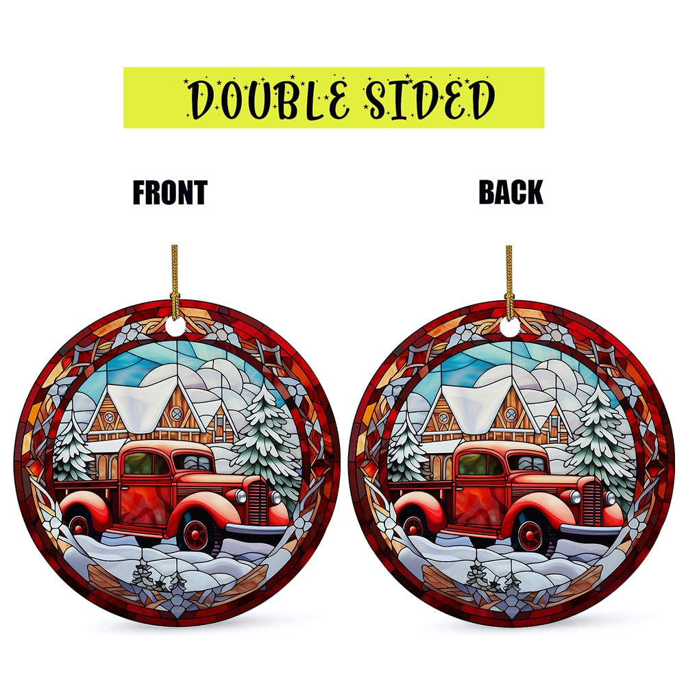 Red Truck Farmhouse Ornament, Stained Ceramic Christmas Ornament, Red Vintage Truck Ornament, Stained Glass Themed Ceramic Christmas Ornament
