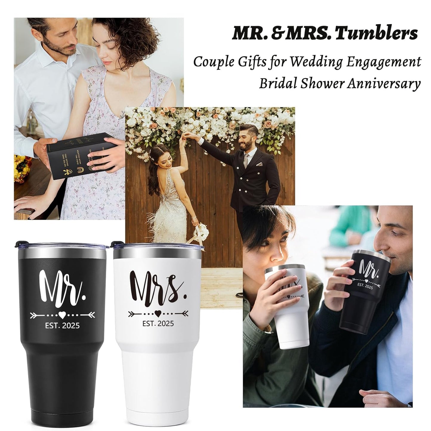 Gtmileo Mr and Mrs Gifts, Mr and Mrs EST 2025 Stainless Steel Insulated Tumbler Set, Wedding Gifts for Couples Bride To Be, Mr and Mrs Cups, Bridal Shower Gifts Wedding Registry(30oz, Black&White)