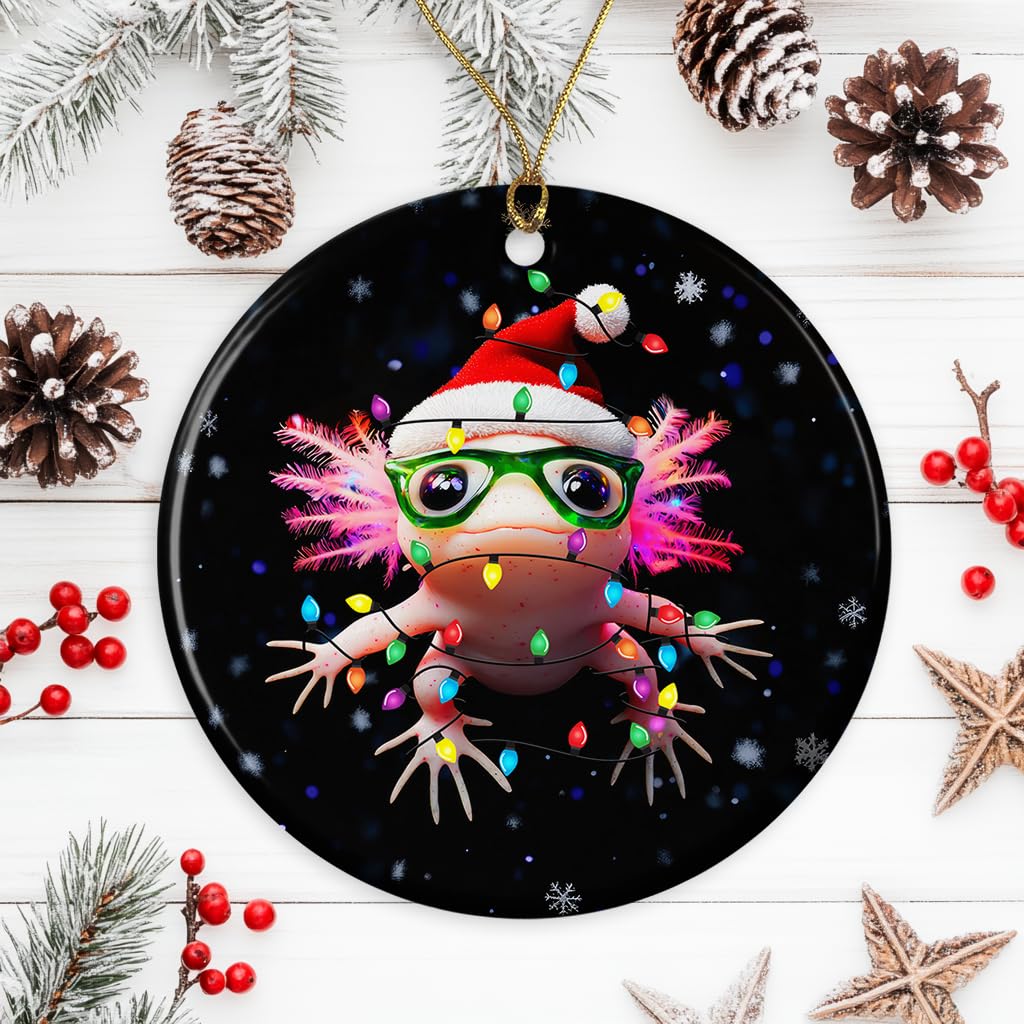 Axolotl and Christmas Light Ornament - Axolotl Christmas Ornament - Cute Axolotl Ceramic Ornament - Funny Holiday Ornament - Animal Ornament Printed on One Side