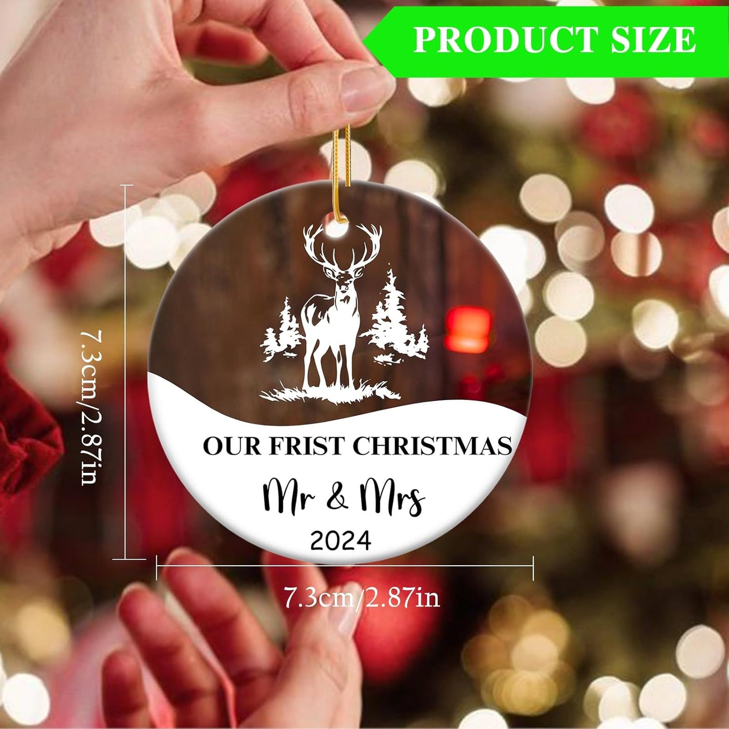 Our First Christmas Married Ornament 2024, Just Married Christmas Ornament as Mr and Mrs, First Year Newlywed 2.9 Ceramic Round Ornament Gift for Wedding Xmas Decoration
