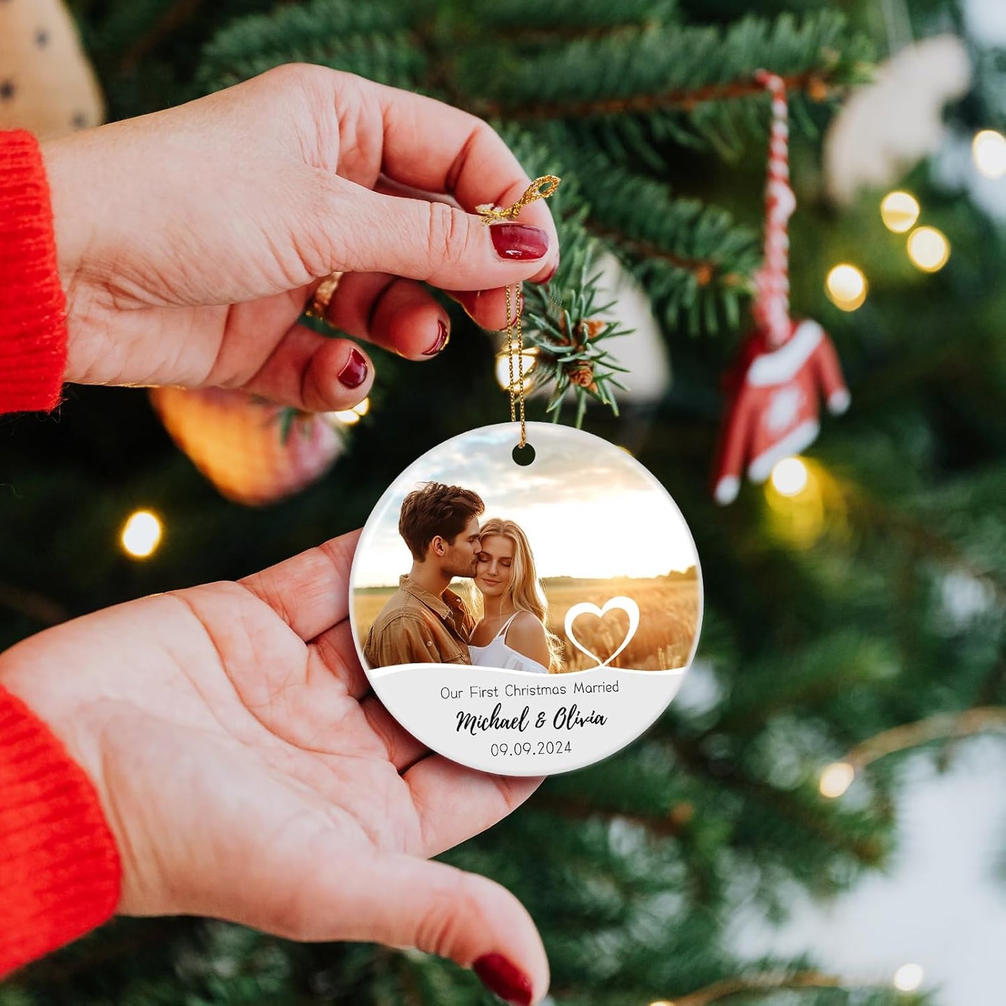 Our First Christmas Married Ornament, Personalized Engaged Ornament 2024, Customized Photo Tree Decoration Gifts for Couples Him Her