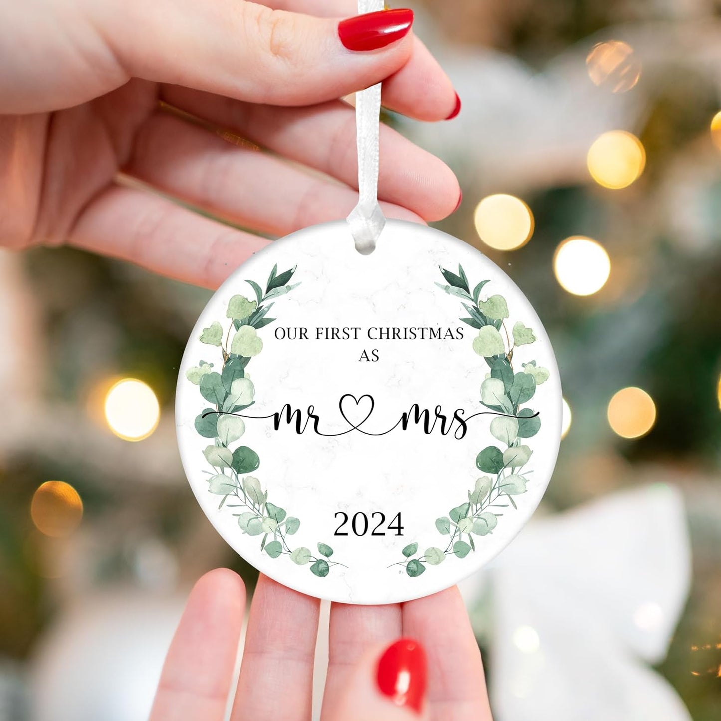 Our First Christmas Married Ornament 2024, Wedding Gifts for Mr and Mrs, 3" Ceramic Christmas Ornament, Wedding Gifts for Couple Xmas Tree Decoration (Greenery)