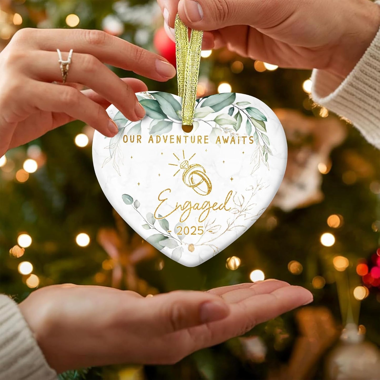 Ceramic Heart Ornament - Our Adventure Awaits Engaged 2025 - Wedding, Engagement Gifts for Couple 2025 - Gift for Newly Engaged Couple, Bride, Groom