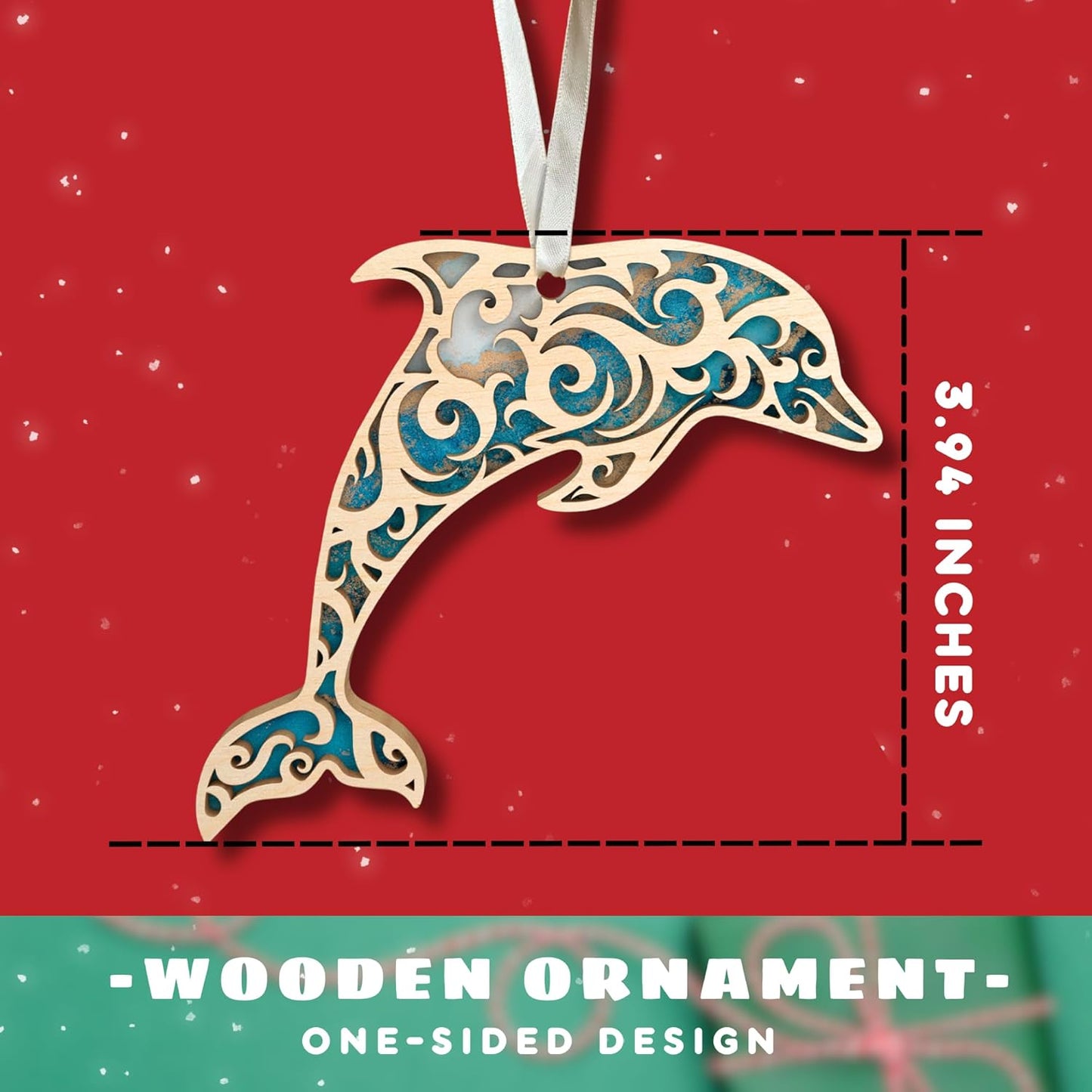 Dolphin Ornaments for Christmas Tree - Dolphin Gifts for Women, Men - Beach Coastal Keepsake - Wood Christmas Hanging Ornament